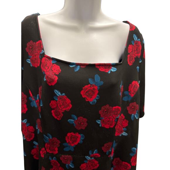 Lane Bryant Womens Plus 20 Scuba Square Neck Roses Floral Swing Dress Black Red - Picture 2 of 4
